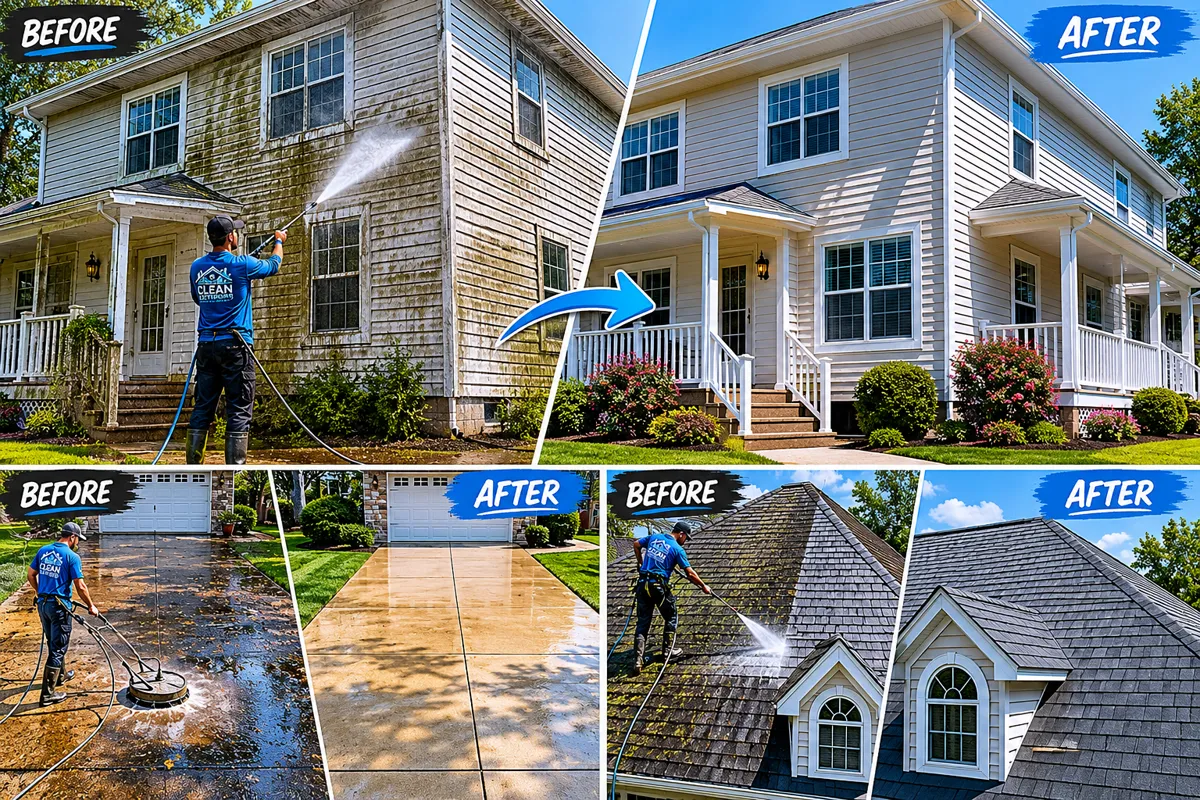 Before and after pressure washing in Bay City, TX β house siding, driveway, and roof cleaned