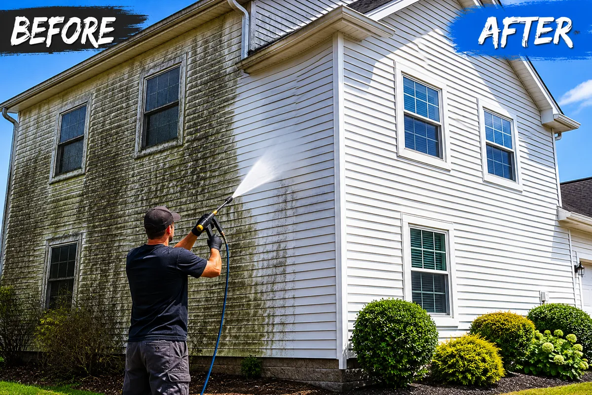 Before and after house washing in Bay City, TX β green algae and dirt stripped off the siding