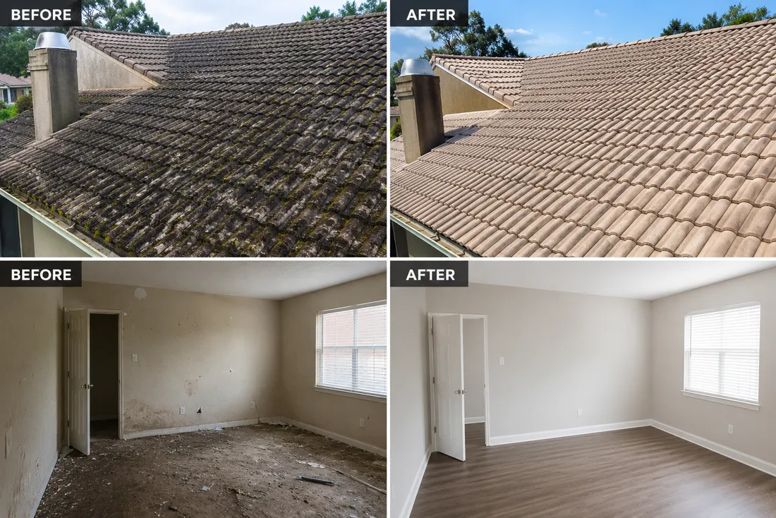 Before and after β roof soft wash and a full interior move-out cleaning of a home in Bay City, TX